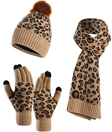 YOUNGSOUL Damen Mütze Schal Handschuhe Set, Warme Winterset Touchscreen Handschuhe Strickmütze mit Leopardenmuster Khaki