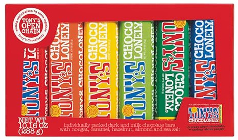 Tony’s Chocolonely Rainbow Chocolate Candy Bar Variety Pack, Belgian Dark & Milk Chocolate With Sea Salt, Caramel, Almond, Hazelnut, & Nougat, Made From Quality Fairtrade Cocoa, 6 Bars, 10.16 Oz