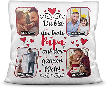 Kissen mit Füllung zum selbst Gestalten mit 4 Fotos - Für den besten Papa - Hochwertige Kissenhülle mit Reißverschluss, Weiß flauschig, 40 x 40 cm
