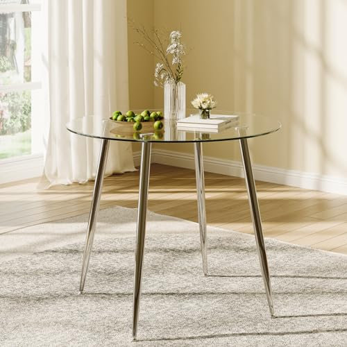 GOLDFAN Table Ronde Salle Manger Table Cuisine Salon Ronde 80cm Table à Manger en Verre avec Pieds en Métal,Argent