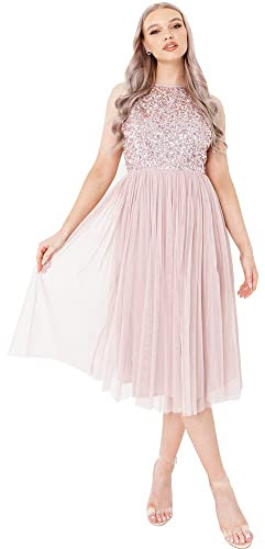 Maya Deluxe Women's Ladies Midi Dress with Halter Neck Tulle for Evening Graduation Prom Wedding Bridesmaids Ball Gown, Frosted Pink, 8