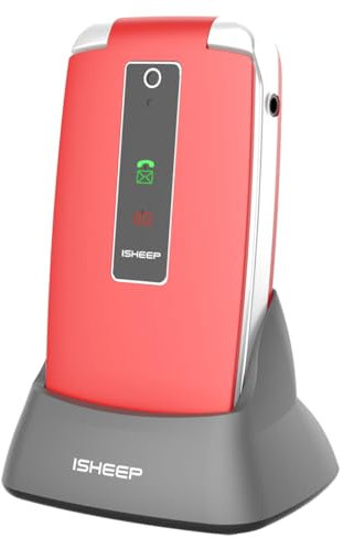 isheep SF213+ GSM Téléphone Senior Clapet Portable Débloqué avec Grandes Touches, Bouton SOS, Radio FM, Socle Chargeur (Rouge)