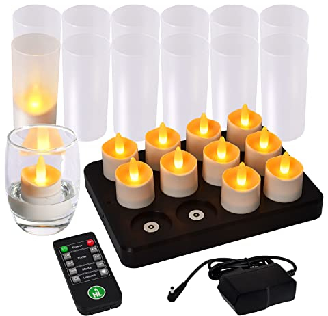 HL Rechargeable Tea Lights Candles Waterproof Tea Lights with Remote Control&Timer Flameless Candles Flickering Working 100H for Wedding Halloween Home Dinner Party Decoration Yellow 12Pack