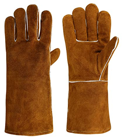 OLSON DEEPAK Premium Schweißerhandschuhe Leder Braun Leder Grillhandschuhe Feuerfeste Handschuhe 14 Zoll BBQ handschuhe, Hitzebeständig und verschleißfest-Kaminhandschuhe