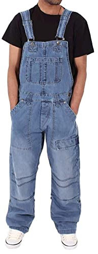 ORANDESIGNE Salopette Homme Vintage Coupe Régulière Multipoches de Travail Salopette Jeans Pantalon en Denim Slim Jumpsuit Dungarees Streetwear B Bleu Clair XXL