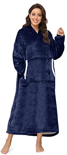 Sendowtek Übergroße Hoodie Decke Damen Oversized, Sherpa Deckenpulli Weich Super Warme Komfortable Pullover Decke mit ärmeln und Kapuze für Damen Männer Unisex (Lang, Blau)