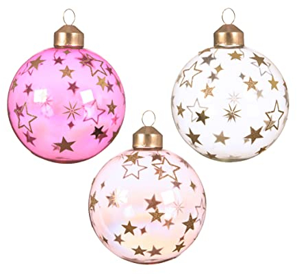 Kaemingk Weihnachtskugeln Glas 8cm x 3 Stück mit Sternen Glitzer Christbaumkugeln transparent rosa pink