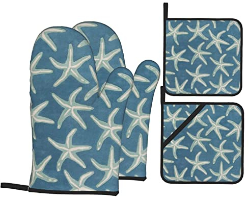 CARRDKDK Lot de 4 gants de cuisine et maniques en laine imprimée avec motif étoile de mer et côtière antidérapants, résistants à la chaleur, gants de four à micro-ondes pour cuisine, barbecue en plein
