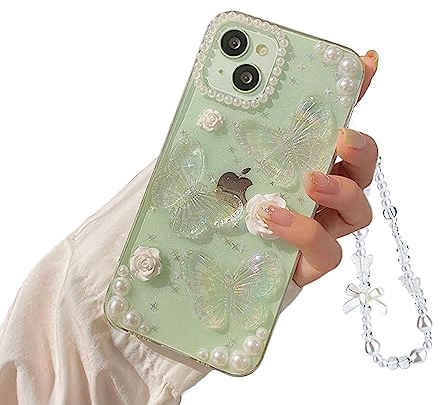 Ownest Handyhülle Kompatibel iPhone 13 Hülle Schmetterling Blume Transparent Design Aesthetic Frauen Mädchen Glitzer Kristall mit Süßes Chain Case + Perlenkette