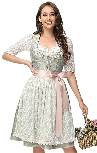 TrendiMax Trachten Damen Dirndl Midi Dirndlkleid Tachtenkleid für Oktoberfest mit Spitzenschürze, Hellgrün,42