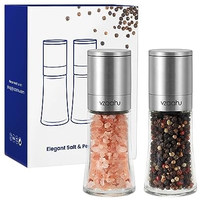 Vzaahu Small Salt and Pepper Grinders 2 Set with Ceramic Core Cinnamon,Adjustable Coarseness,Color Silver,Portable,Refillable Spice Mills,Home Kitchen Birthday,Housewarming Gifts