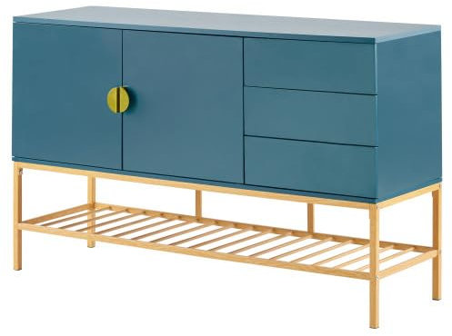 SogesHome Beistellschrank Sideboard Schrank Konsolentisch mit offener Ablage 3 Schubladen 4 Stauräumen mit 2 Türen Stilvoller Blauer Aufbewahrungsschrank aus MDF, goldene Verzierungen