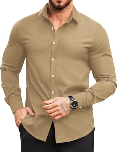 COOFANDY Men's Shirts Dress Long Sleeve Slim Fit Non Iron Tuxedo Button Down Formal Business Work Shirt Khaki M