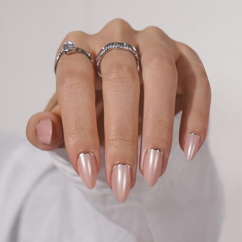 BTArtbox Press On Nails Almond - Short False Nails with Silver Foil Designs, Resuable Stick On Nails for Women in 16 Sizes, Crescent Moon