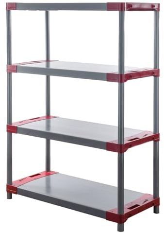 PROREGAL Kunststoffregal Grey Bear | Low | HxBxT 138x100x46cm | Fachlast 120kg | Grau-Rot | Plastikregal Kellerregal Lagerregal Steckregal