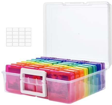 ALINK Photo Storage Box 4 x 6 Photo Case with Handle,16 Inner Photo Keeper,Plastic Photo Organiser for Seed,Cards, Picture,Craft with 1 Sheet Label Sticker(color)
