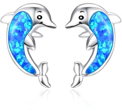 TANGPOET Delfin Ohrringe Stecker für Damen Frauen Mädchen Silber 925 Delphin Ohrstecker mit Blauem Opal Dolphin Tier Schmuck Geschenke für Sie Kinder