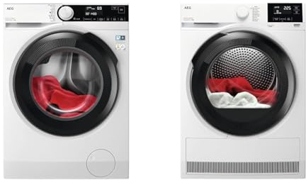 AEG 7000 Series Washing Machine LFR73944B, ProSteam Freestanding Washing Machine & 7000 SensiDry Freestanding Tumble Dryer TR718L4B, 8 kg, Heat Pump Technology, Gentle Drying, PreciseWash Adjust Time