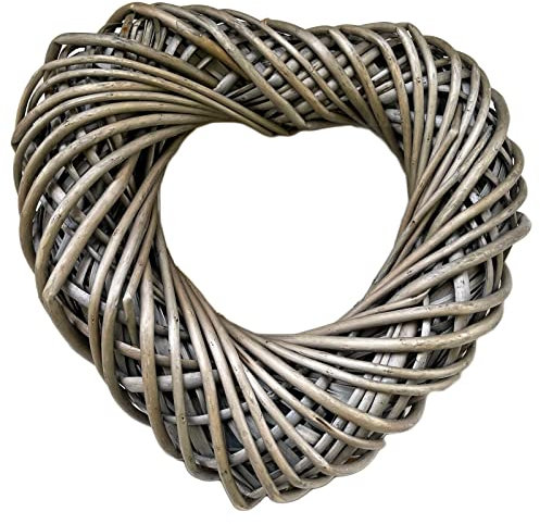 Wicker Love Heart Wreath 30cm Antique Wash Grey Woven Wood Wall Door Hanging Decor