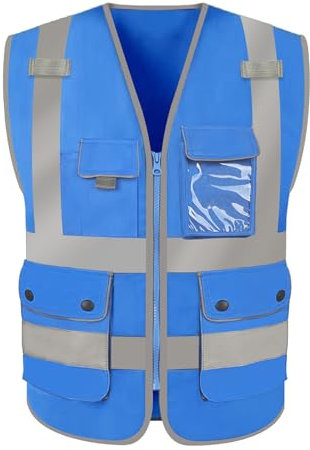 HYCOPROT Sicherheitswesten Warnweste Hohe Sichtbarkeit Sicherheit Reflektierendes Weste Executive Manager Workwear Jacke Zip Band Brace Handytasche Ausweishalter (L, Blau)