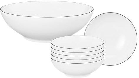 Seltmann Weiden Lido Black Line Schüssel-Set 7-teilig | Salatschüssel 23 cm und 6x Dessertschale 15 cm | Schalen mit schwarzem Rand | Porzellan | Weiß