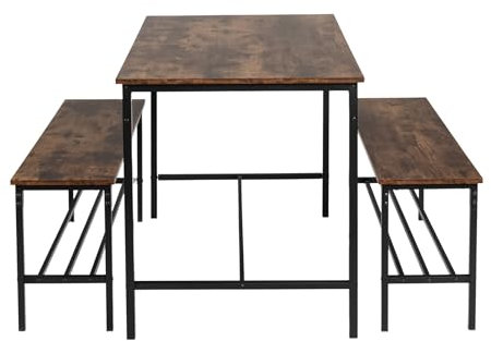 FurnitureR 3-teiliges Esszimmer Set, Esstisch mit 2-Bänken, Küche Dinette Tisch Frühstückstisch Möbel Set für 4 Personen, Küchentisch (110x70x74cm), 2 Bänke (100x30x45cm) Jede, Braun