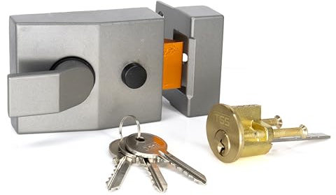 TSS Standard Non-Deadlocking Nightlatch, 60mm Backset, Complete with Rim Cylinder Lock Supplied with 3 Keys. External Door Lock for Front Door and Back Door (Grey Lock/Brass Cylinder)