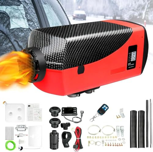PRIJESSE 5-8KW 12V Diesel Air Heater, Quiet Space Parking Heater Kit with 10L Fuel Tank LCD Thermostat Monitor Muffler Remote Control for Passenger Van Camper Trailer RV (Red)
