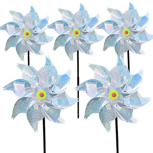 Bird Deterrent Reflective Windmill, Wind Spinner Bird Repellent Balcony Fruit Garden,Windmühlen für draußen und Garten,vogelschreck taubenabwehr vogelabwehr windrad (5pcs-Silberfarbe)