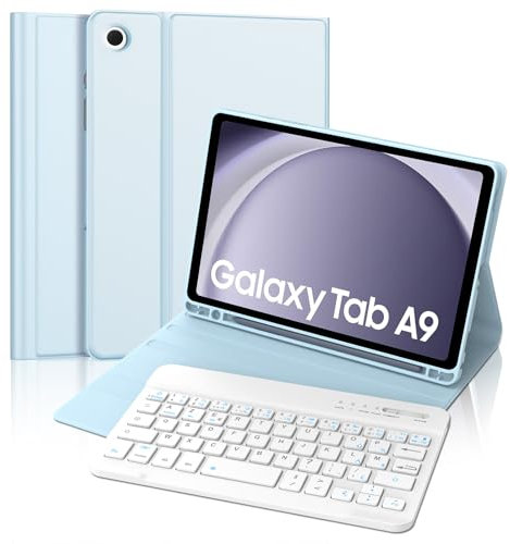 Coque Clavier pour Samsung Galaxy Tab A9 8.7‘', AZERTY Français Étui Clavier Magnétique Bluetooth sans Fil Etui Housse pour Samsung Tab A9, Bleu