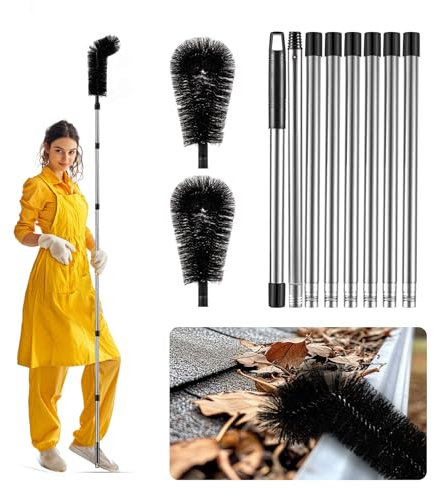 Zhichen star Gutter Cleaning Tools from the Ground - 10.5 FT Adjustable Gutter Cleaner Tools with Bendable Nylon Brush, Stainless Steel Pole for Safe, Ladder-Free Removal of Leaves, Twigs & Debris
