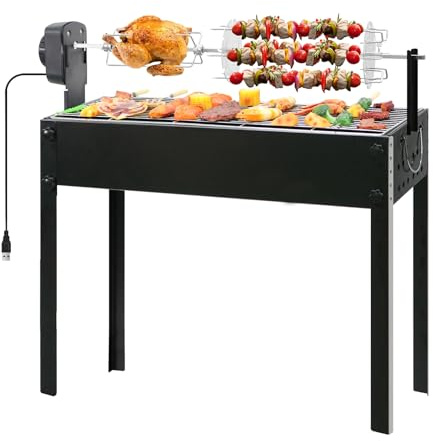 BESTHLS Barbecue Charcoal Grill with Electric Rotisserie Meat Forks & 6-Piece Skewer Set for Outdoor Cooking Camping Hiking Picnics Tailgating Backpacking or Any Outdoor Event