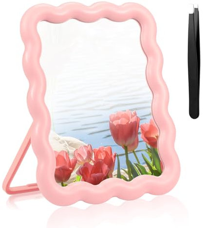Miroir de bureau pour bureau, cabine de bureau, miroir de table en forme de vague, livré avec pince à sourcils, réglable et portable, miroir de maquillage de voyage mignon pour accrocher debout