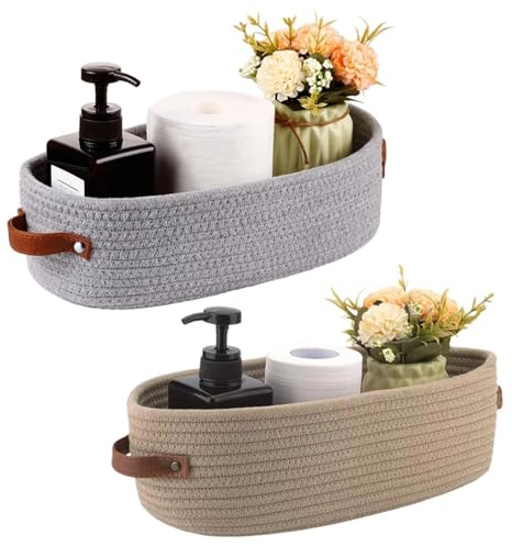 TIANLIN 2er Set Aufbewahrungskorb Geflochten aus Baumwollseil, 1 Grau & 1 Khaki 33×15×10 cm, Kleine Körbe Aufbewahrung mit Ledergriffen für Badezimmer, Schlafzimmer, Küche und Regal