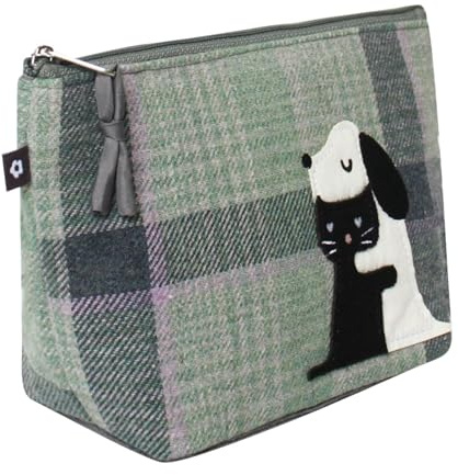 Earth Squared Appliqué Cosmetic Bag, Makeup Pouch, Toiletry Bag, Fair Trade Handmade, Eco-Friendly, Highland Cow, Bee, Cat, Owl – 22 x 13.5 x 8 cm (Hugging Cat and Dog)