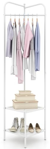 COSTWAY Eck-Garderobenständer Metall, freistehender Kleiderständer mit oberem Haken & 2 Mesh-Regalen, Eckgarderobe für Eingangsbereich, Flur, Schlafzimmer (Weiß)