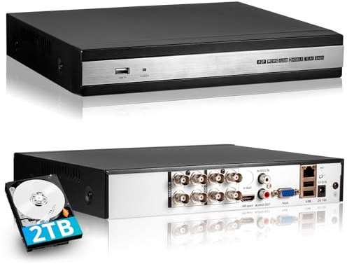 8 Channel DVR Digital Video Recorder, Wired DVR for Security Camera, 8CH Hybrid 6-in-1 Digital Video Recorder Compatible with 5MP AHD/TVI/CVI/CVBS/IP/XVI Camera, 2TB Hard Drive Included