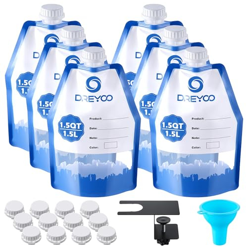 Dreyoo 6 Pack Paint Storage Bags with Funnel and Filler Clip, 1.5L Reusable Storage Bags for Leftover Water Based Paint, Airtight Clear Pouches Containers, for Home DIY Professional Painters