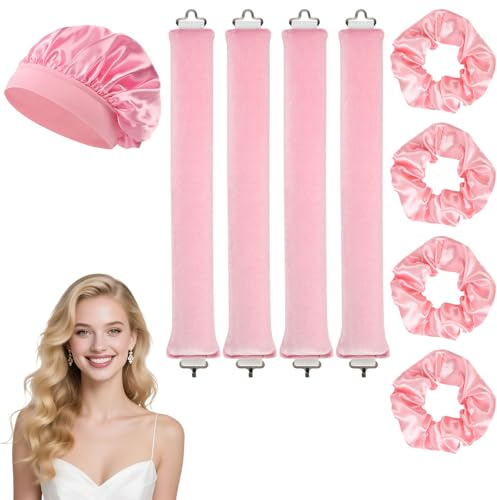 BUTBU 9 Stück Lockenwickler Locken Ohne Hitze, Satin locken ohne hitze, DIY Hair Curler Rollers Set, Haarwickler für Volumen, heatless curls für Langes Mittleres Haar(Rosa)