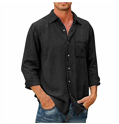 Générique Chemise Lin Homme Coupe Droite Chemise Homme Ete Slim Fit Chemisette Mariage Shirt Tenue Été 2#Noir 4XL