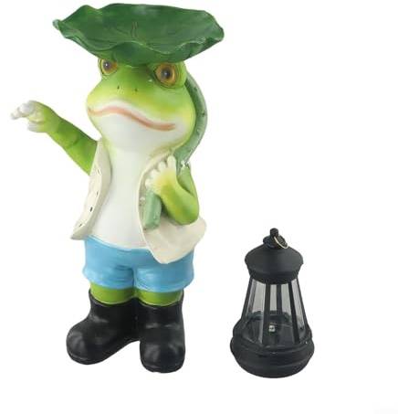 Estatua solar de rana con loto, adorno de jardín de resina con linterna, decoración exterior resistente a la intemperie para césped, patio, verde