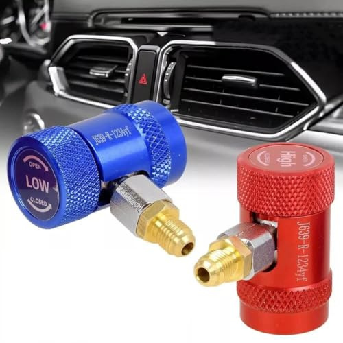 FiTspi Confezione da 2 Accoppiatori rapidi R1234yf, adattatore per aria condizionata e refrigerante con porta maschio da 1/4, accoppiatore lato basso/alto, ricambio per sistema AC auto per