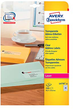Avery Zweckform© L4770-25 Adress-Etiketten, 45,7 x 25,4 mm, 25 Blatt/1.000 Etiketten, transparent