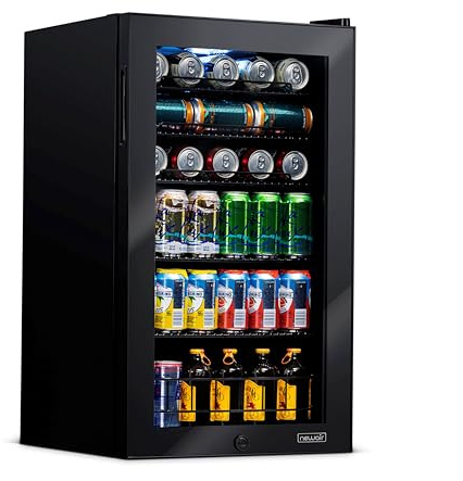 NewAir Refrigerador de bebidas para 126 latas, pequeño refrigerador independiente para dormitorio con puerta de cristal, enfriador de bebidas con estantes ajustables, refrigeración silenciosa y puerta
