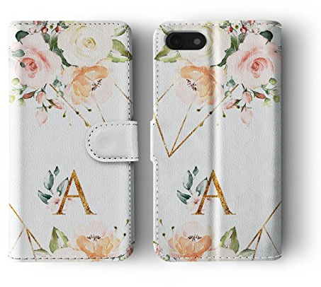 Tirita Personalised Initials Custom Wallet Leather Flip Phone Case Compatible with iPhone 7 Plus & 8 Plus PRINTED GLITTER, NOT REAL GLITTER Shabby Chic Floral Watercolour Pastel Roses