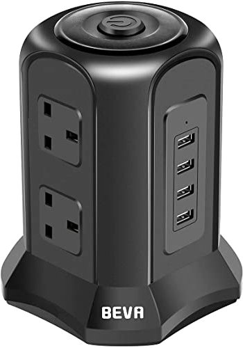 Tower Extension Lead, Vertical Power Strip with 6 sockets and 4 USB Ports, BEVA Multi Plug Charging Station with 2M Extension Cord for Home, Office, Black
