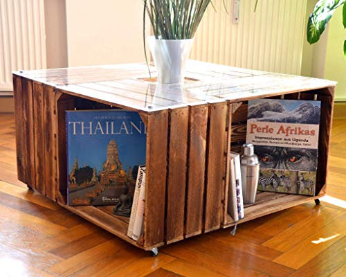 VINTAGE PIECES | Hochwertiger Couchtisch Weinkisten, Couchtisch mit Acryl Glasplatte, Holztisch aus geflammten Weinkisten, Obstkisten, Couchtisch Vintage, Coffee Table, Schöner Wohnen