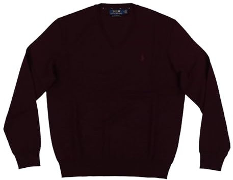 Polo Ralph Lauren Mens Merino Wool V-Neck Sweater, Rich Ruby Heather, Medium