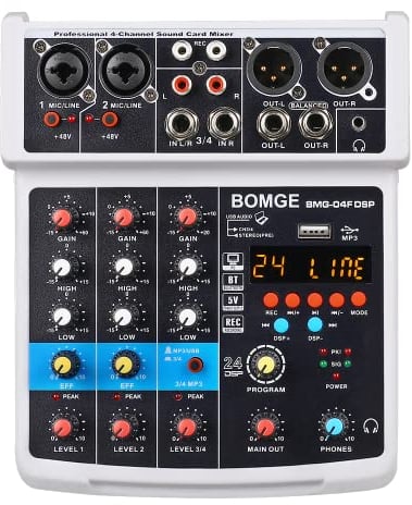 BOMGE-04F 4-Kanal-DJ-Audio-Soundmixer mit MP3/USB Bluetooth, Stereoaufnahme/48 V/24 DSP Echo-Effekte für Live-Übertragung, Karaoke, Performance, Kirchengesang und Musikproduktion (Weiß-4f)