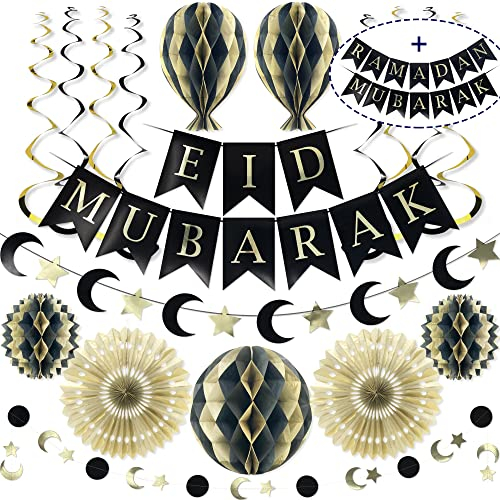 Premium Wiederverwendbare Eid Mubarak Dekoration - Eid Deko / Ramadan Deko - Ramadan Mubarak / Ramadan Kareem / Eid Mubarak Girlande - Islam Deko (Gold & Schwarz Eid Deko)
